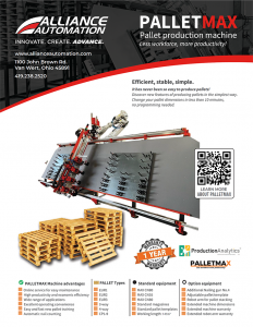PalletMax brochure showcasing high-speed automated pallet assembly system with product features, benefits, and machine imagery.